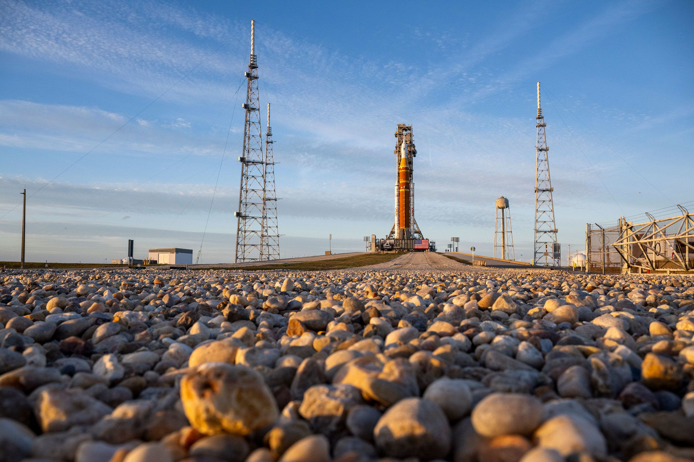 <i>Keegan Barber/NASA via CNN Newsource</i><br/>The Artemis II Space Launch System rocket and Orion spacecraft sit on the launchpad at NASA’s Kennedy Space Center in Florida.