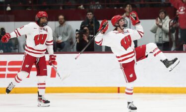 Caroline Harvey celebrates a goal for the Wisconsin Badgers