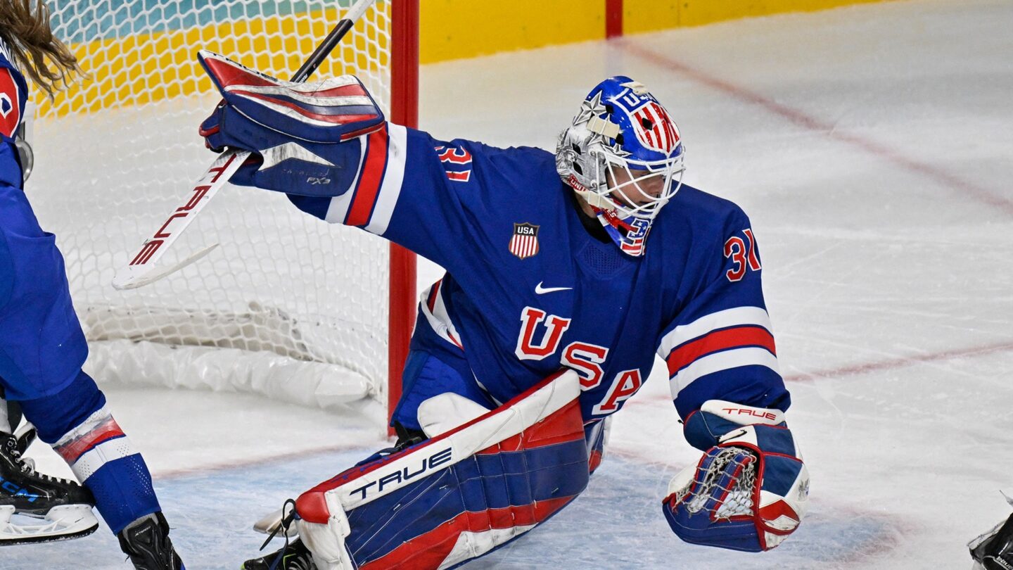 <i>NBC Olympics</i><br/>Aerin Frankel makes a save during the 2026 Milan Cortina Olympics.