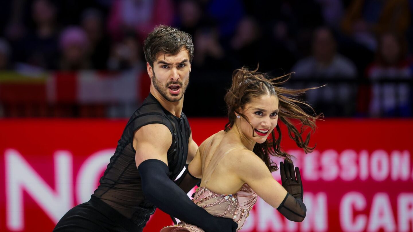 <i>NBC Olympics</i><br/>Laurence Fournier Beaudry and Guillaume Cizeron perform during their rhythm dance routine at the 2026 World Figure Skating Championships.