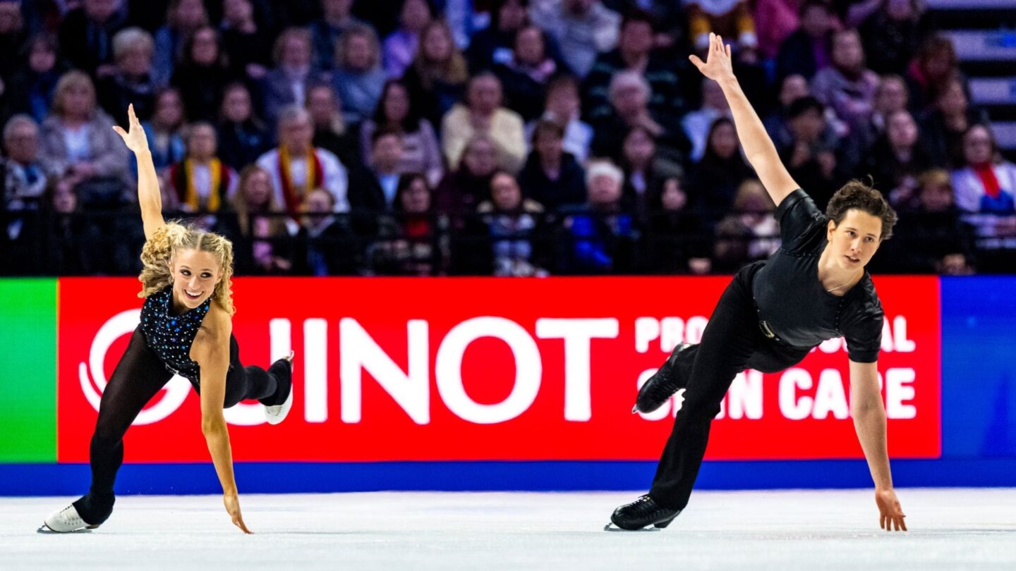 <i>NBC Olympics</i><br/>Emilea Zingas and Vadym Kolesnik strike a pose during the rhythm dance at the 2026 World Figure Skating Championships.