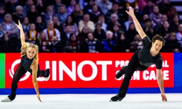 Emilea Zingas and Vadym Kolesnik strike a pose during the rhythm dance at the 2026 World Figure Skating Championships.