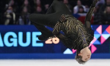Ilia Malinin competes in the free skate at the 2026 World Figure Skating Championships.