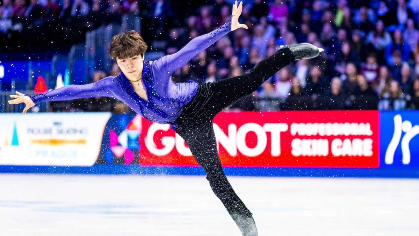 <i>NBC Olympics</i><br/>Shun Sato performs during the men's short program at the 2026 World Figure Skating Championships.