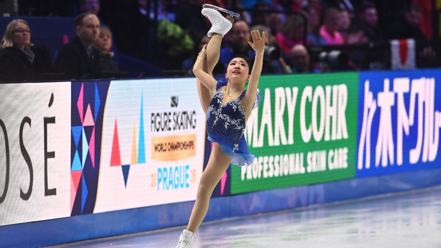 <i>NBC Olympics</i><br/>Mone Chiba competes during the women's free skate at the 2026 World Figure Skating Championships.