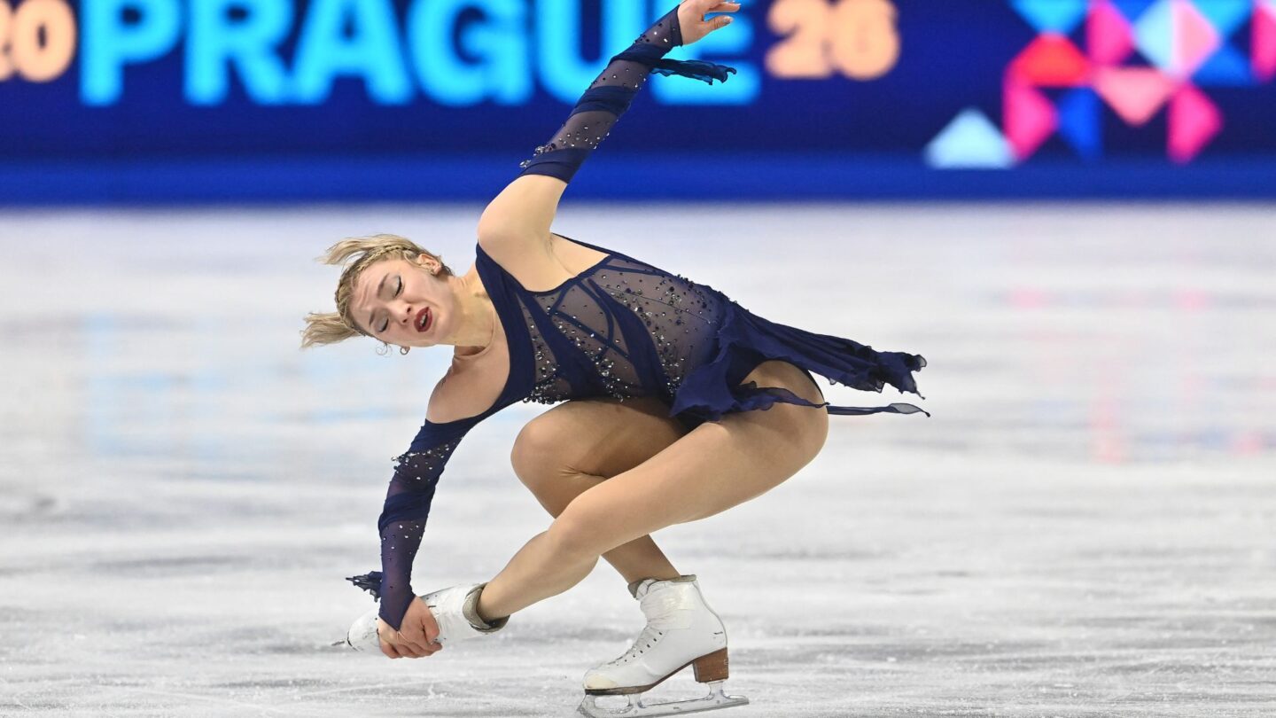 <i>NBC Olympics</i><br/>Amber Glenn competes during the women's free skate at the 2026 World Figure Skating Championships.
