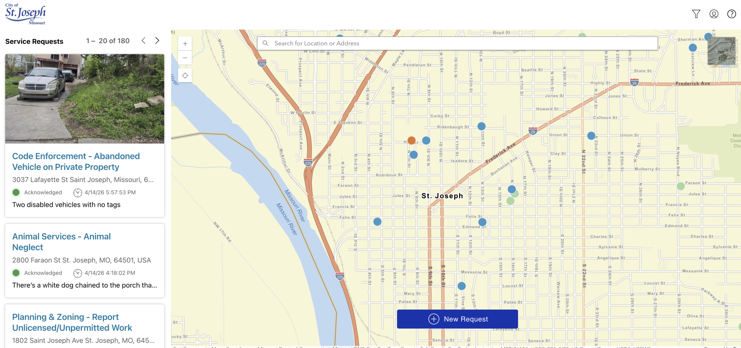 The City's SeeClickFix website system allows residents to submit inquiries, requests and concerns, and also will update residents on the status of their request.