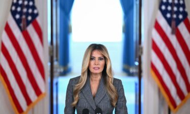 First lady Melania Trump speaks in the Cross Hall of the White House on April 9.