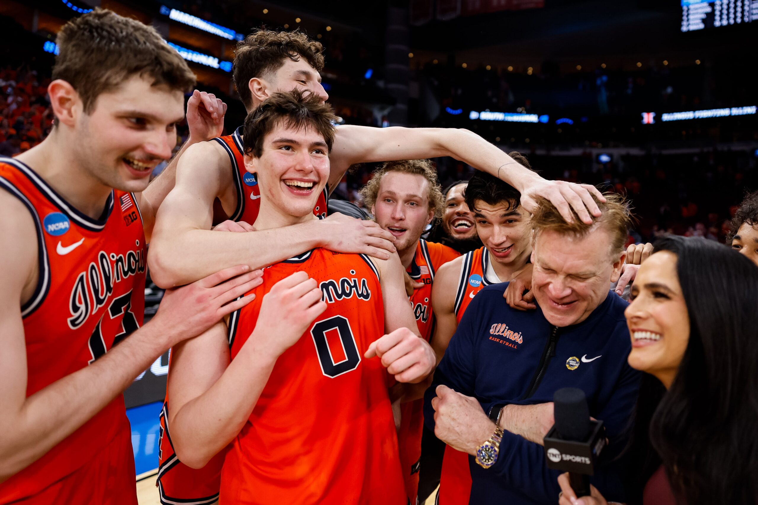 <i>Logan Riely/NCAA Photos/Getty Images via CNN Newsource</i><br/>Illinois head coach Brad Underwood celebrates with his team after the Illini's Sweet 16 win against Houston last week.