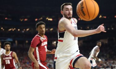 UConn Huskies forward Alex Karaban celebrates after defeating the UCLA Bruins 73-57 in the second round of the 2026 NCAA Tournament on March 22.