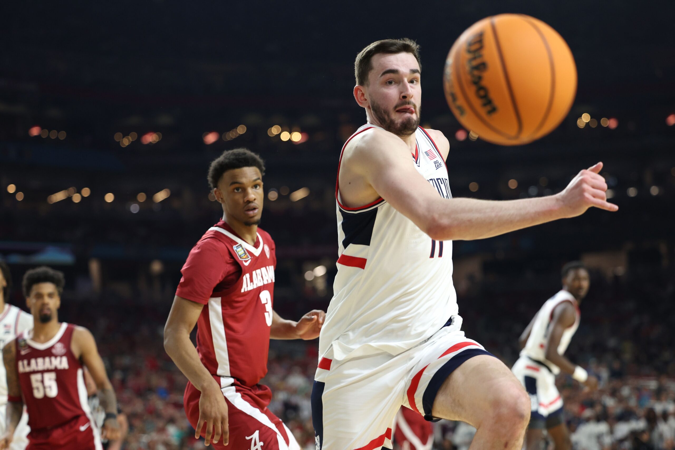 <i>Emilee Chinn/Getty Images via CNN Newsource</i><br/>UConn Huskies forward Alex Karaban celebrates after defeating the UCLA Bruins 73-57 in the second round of the 2026 NCAA Tournament on March 22.