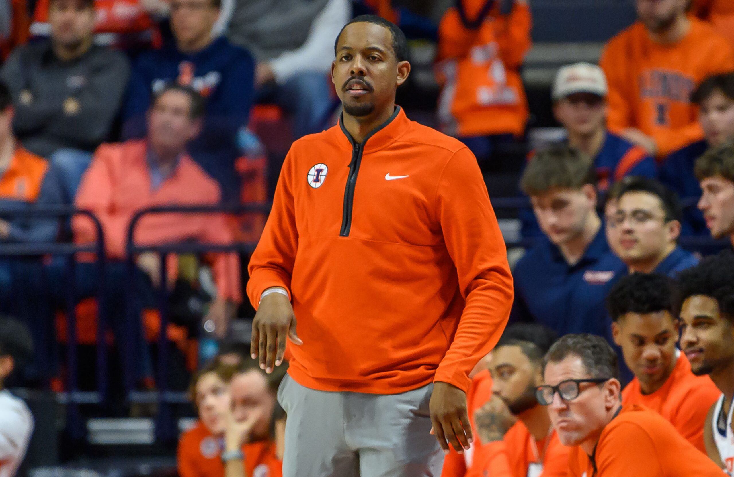 <i>Mitchell Layton/Getty Images via CNN Newsource</i><br/>Head coach Brad Underwood of the Illinois Fighting Illini looks on during a January game against Penn State.
