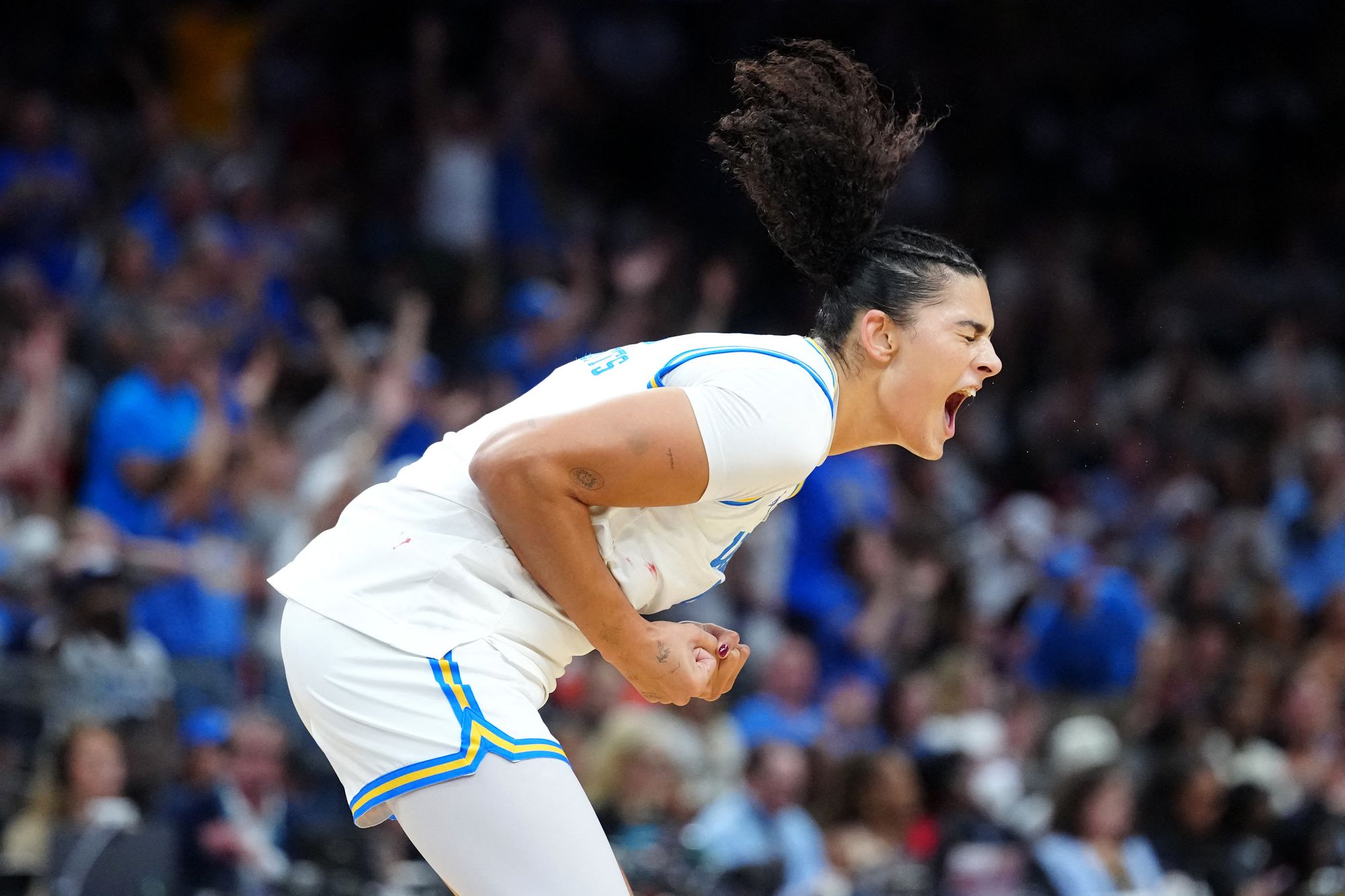 <i>John Locher/AP via CNN Newsource</i><br/>UCLA and South Carolina during the first half of the women's National Championship Final Four NCAA college basketball tournament game