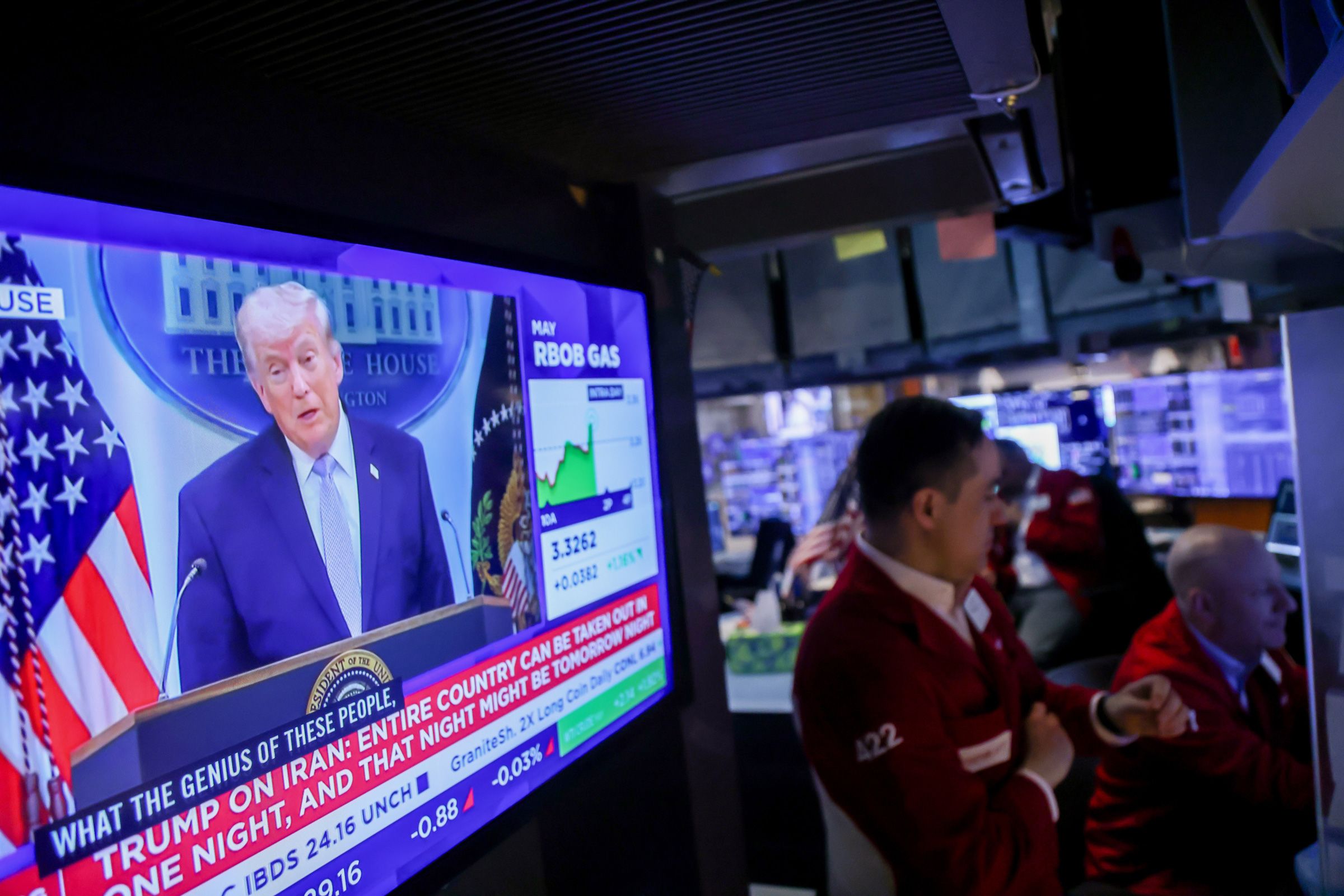 <i>Michael Nagle/Bloomberg/Getty Images via CNN Newsource</i><br/>President Donald Trump is shown on a TV on the floor of the New York Stock Exchange on April 6.