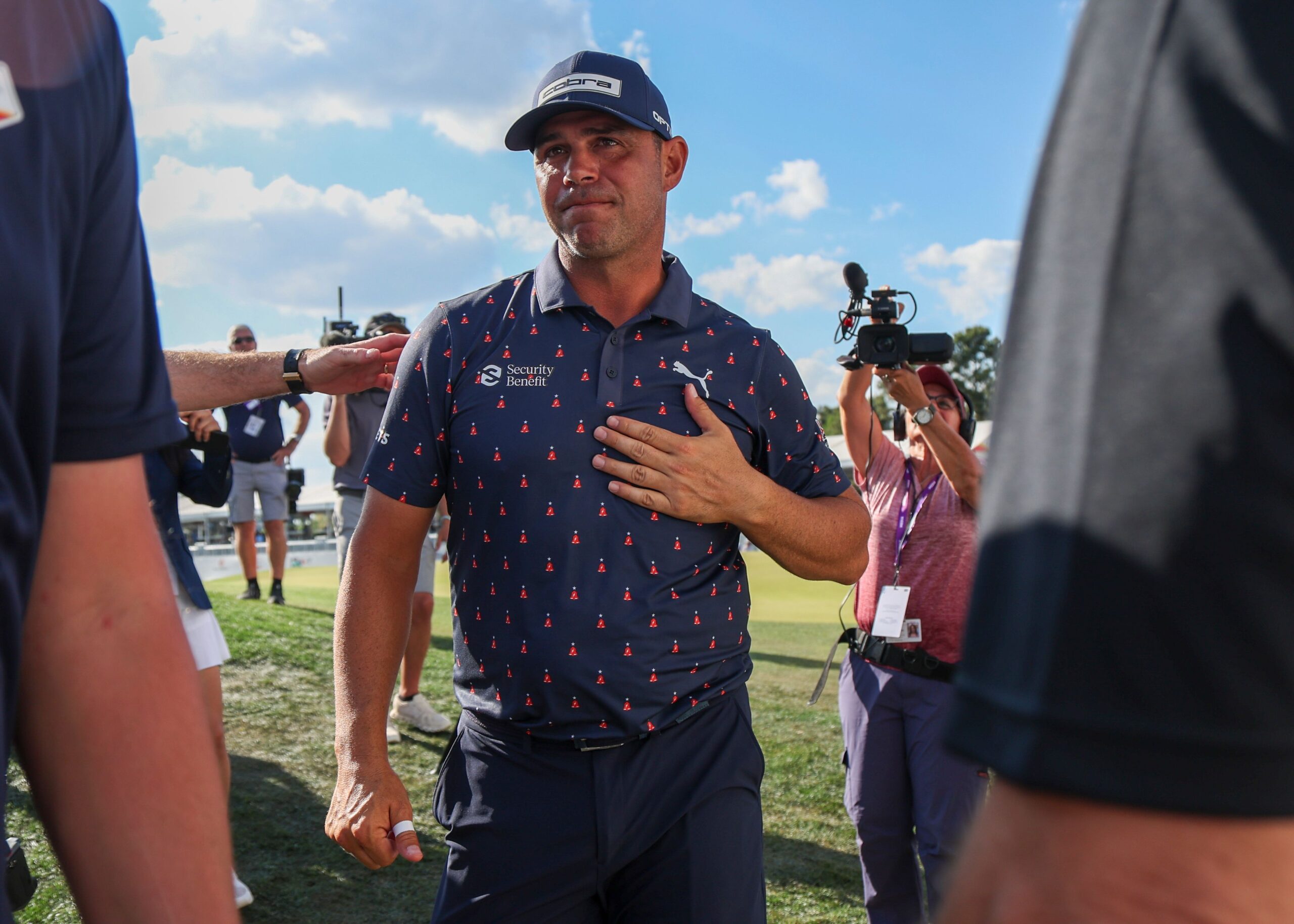 <i>Benjamin Gilbert/Augusta National/Getty Images via CNN Newsource</i><br/>Gary Woodland speaks to the media after his practice round Tuesday