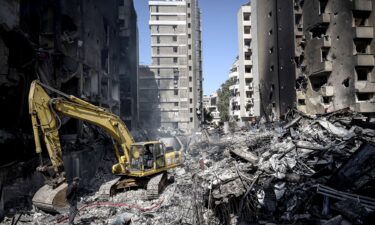 A residential building in Beirut lies in ruins after the Israeli army carried out 100 simultaneous attacks across Lebanon.