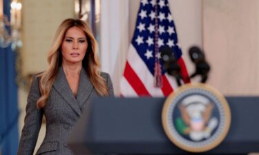 First lady Melania Trump arrives to deliver remarks in the Grand Foyer of the White House on April 9.