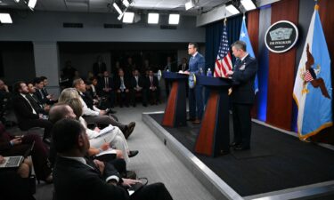 US Secretary of Defense Pete Hegseth speaks alongside Chairman of the Joint Chiefs of Staff General Dan Caine during a press briefing at the Pentagon in Washington