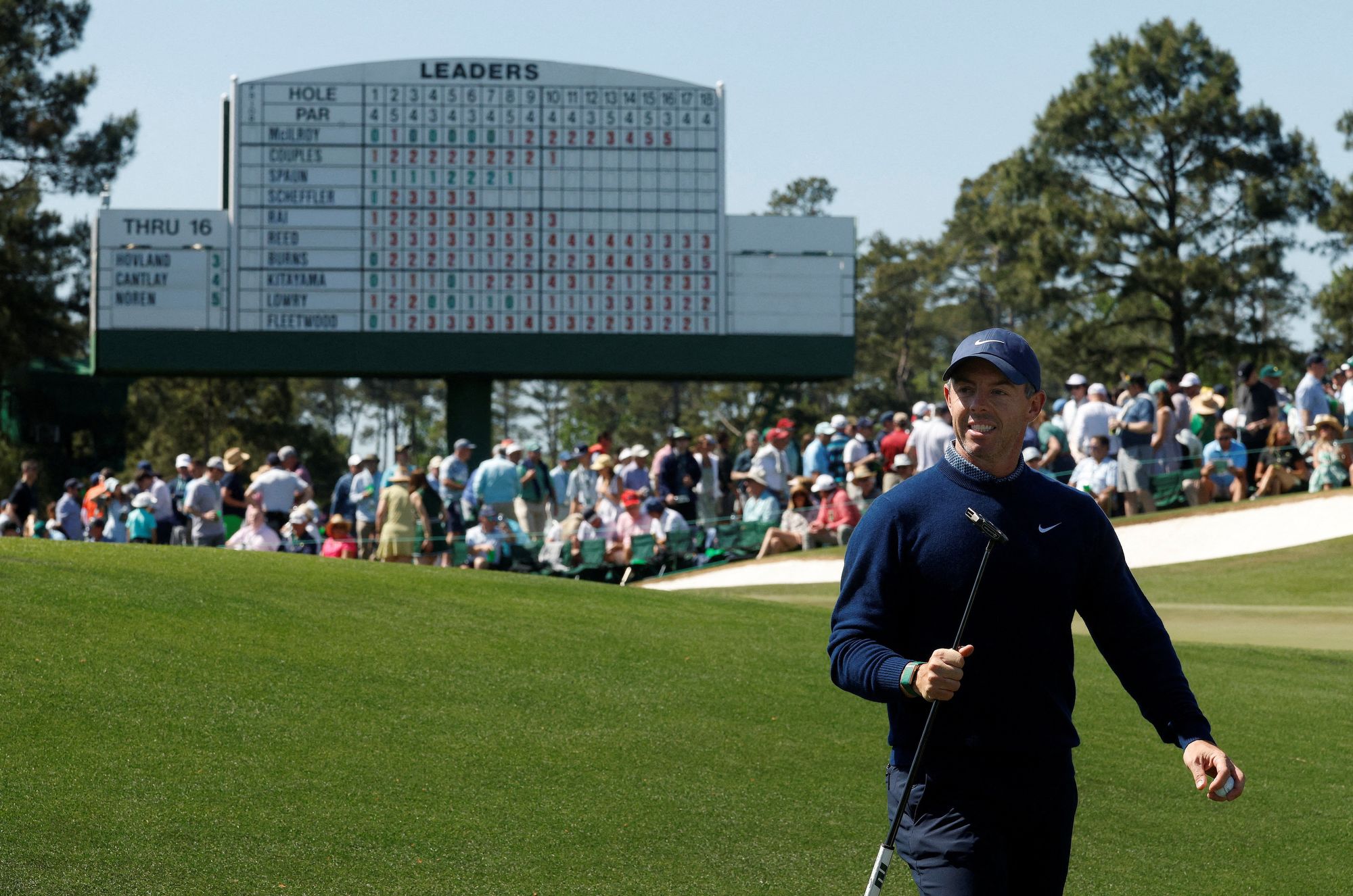 <i>Brian Snyder/Reuters via CNN Newsource</i><br/>Rory McIlroy reacts on the 17th hole during the first round of the 2026 Masters at Augusta National Golf Club