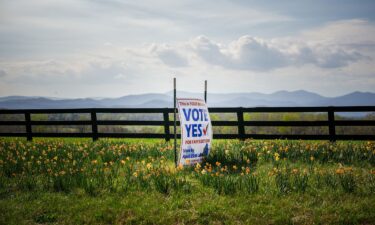 Farmland and the Blue Ridge Mountains are seen behind a sign in support of the Virginia redistricting referendum