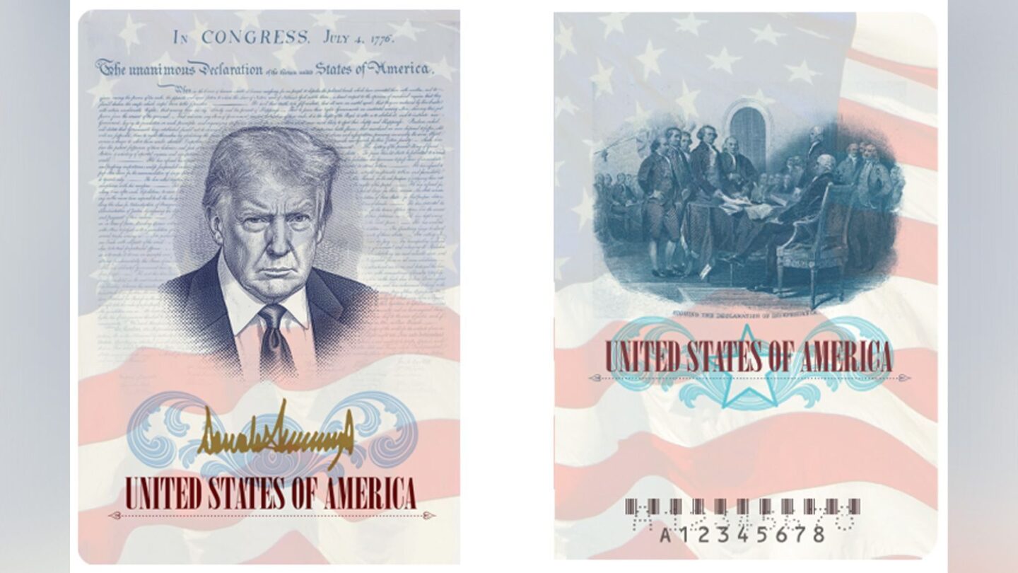 This rendering shows a US passport with President Donald Trump’s image on the inside.
