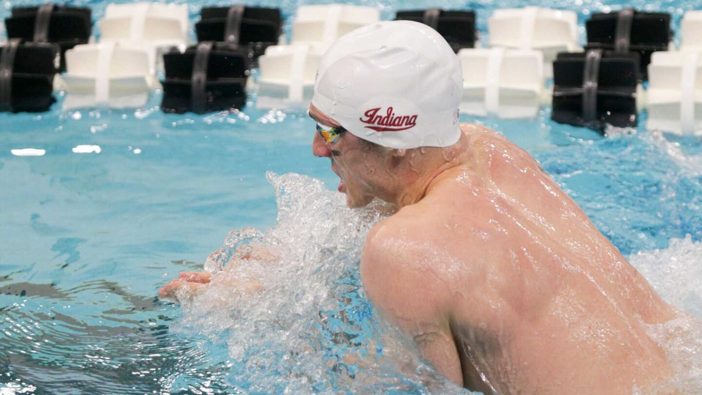 Indiana's Van Mathias competes in the 200 individual medley during the second day of the 2022 Big Ten Men's Swimming Championship