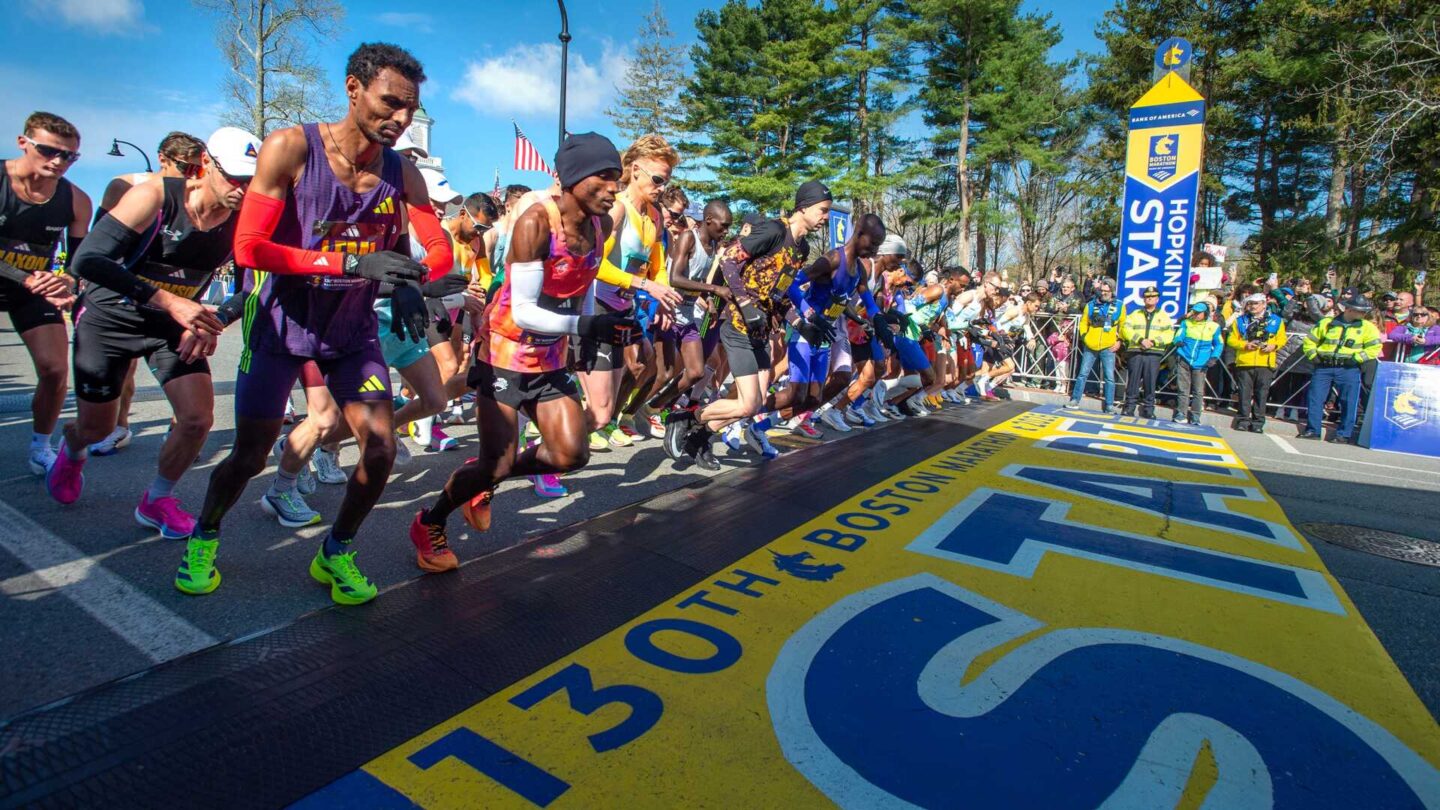 The professional men runners start at the 130th running of the Boston Marathon