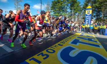The professional men runners start at the 130th running of the Boston Marathon