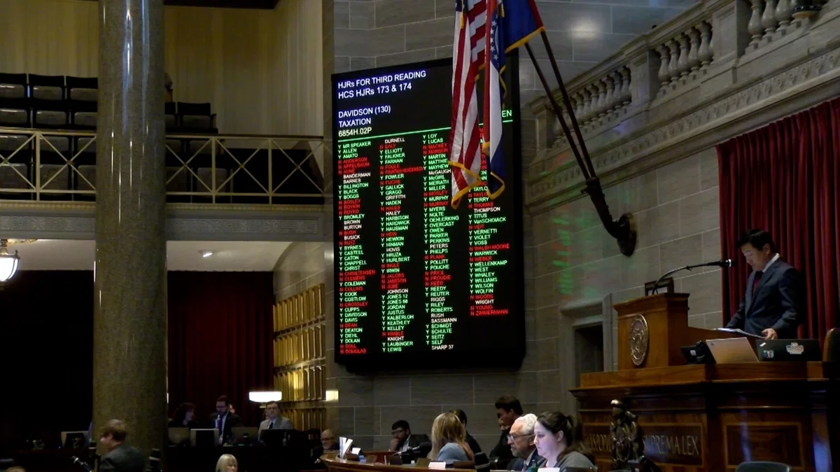 The board tallies votes as a Missouri income tax elimination bill passes the House of Representatives on Thursday, March 12, 2026, in Jefferson City.