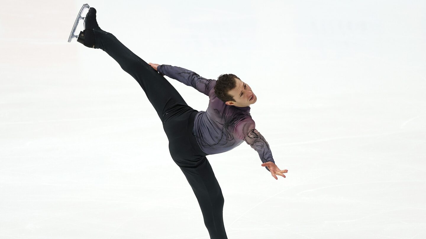 <i>NBC Olympics</i><br/>Jason Brown strikes a pose during a figure skating routine.