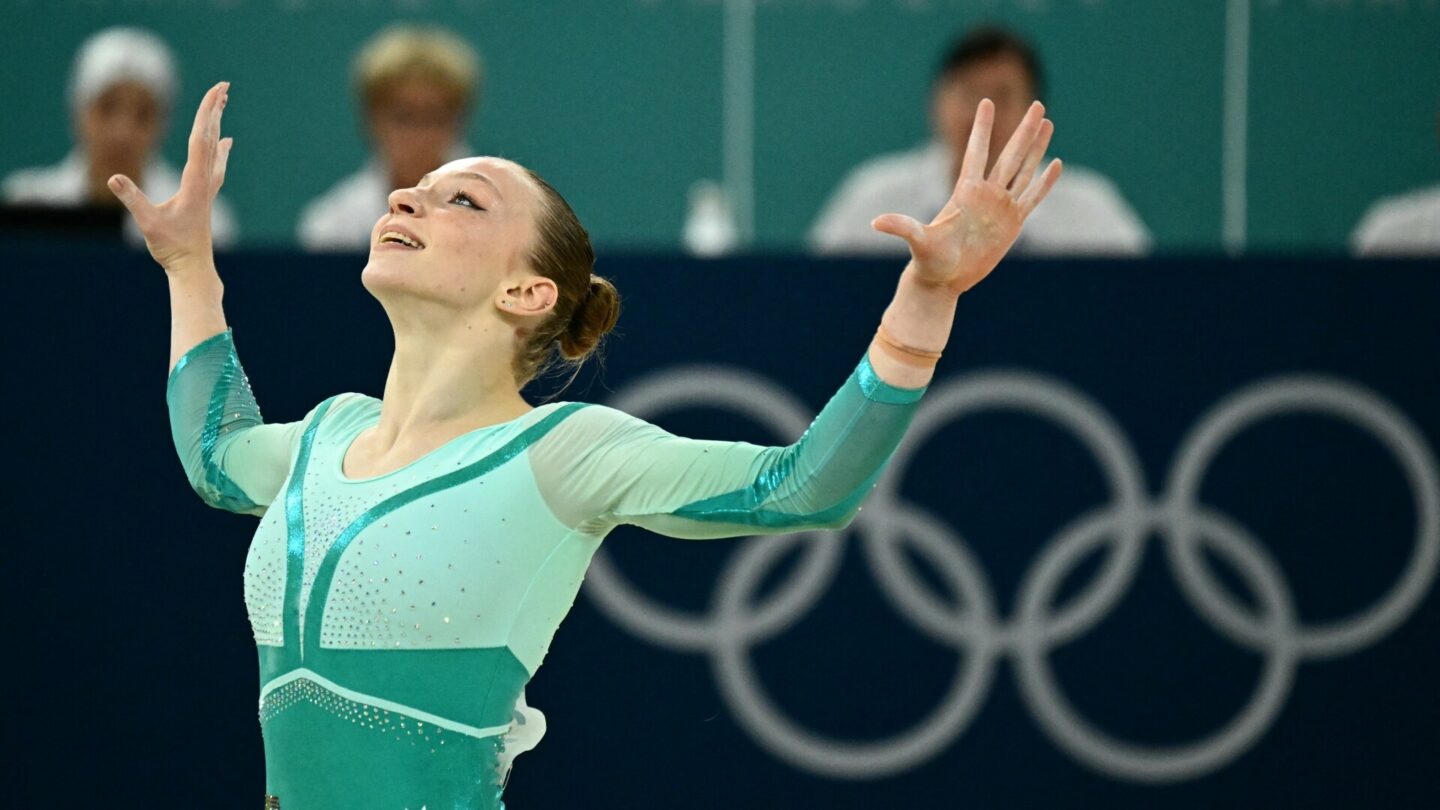 Romania's Ana Barbosu competes in the artistic gymnastics women's floor exercise final during the Paris 2024 Olympic Games at the Bercy Arena in Paris