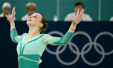 Romania's Ana Barbosu competes in the artistic gymnastics women's floor exercise final during the Paris 2024 Olympic Games at the Bercy Arena in Paris