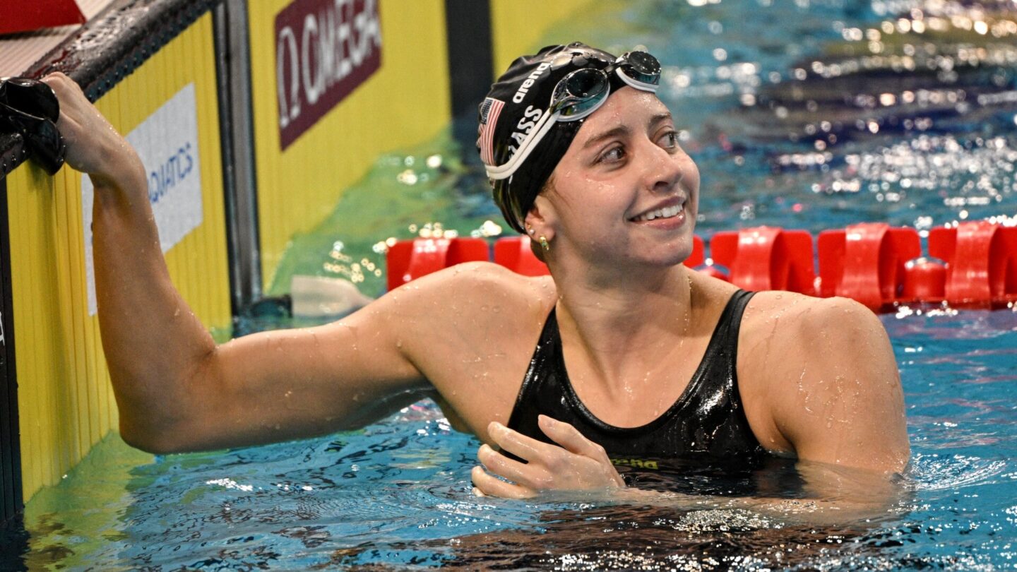 USA's Kate Douglass reacts after winning the women's 200m breaststroke final event during the World Aquatics Swimming World Cup at the Oriental Sports Centre Natatorium in Shanghai on October 18