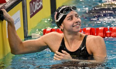 USA's Kate Douglass reacts after winning the women's 200m breaststroke final event during the World Aquatics Swimming World Cup at the Oriental Sports Centre Natatorium in Shanghai on October 18