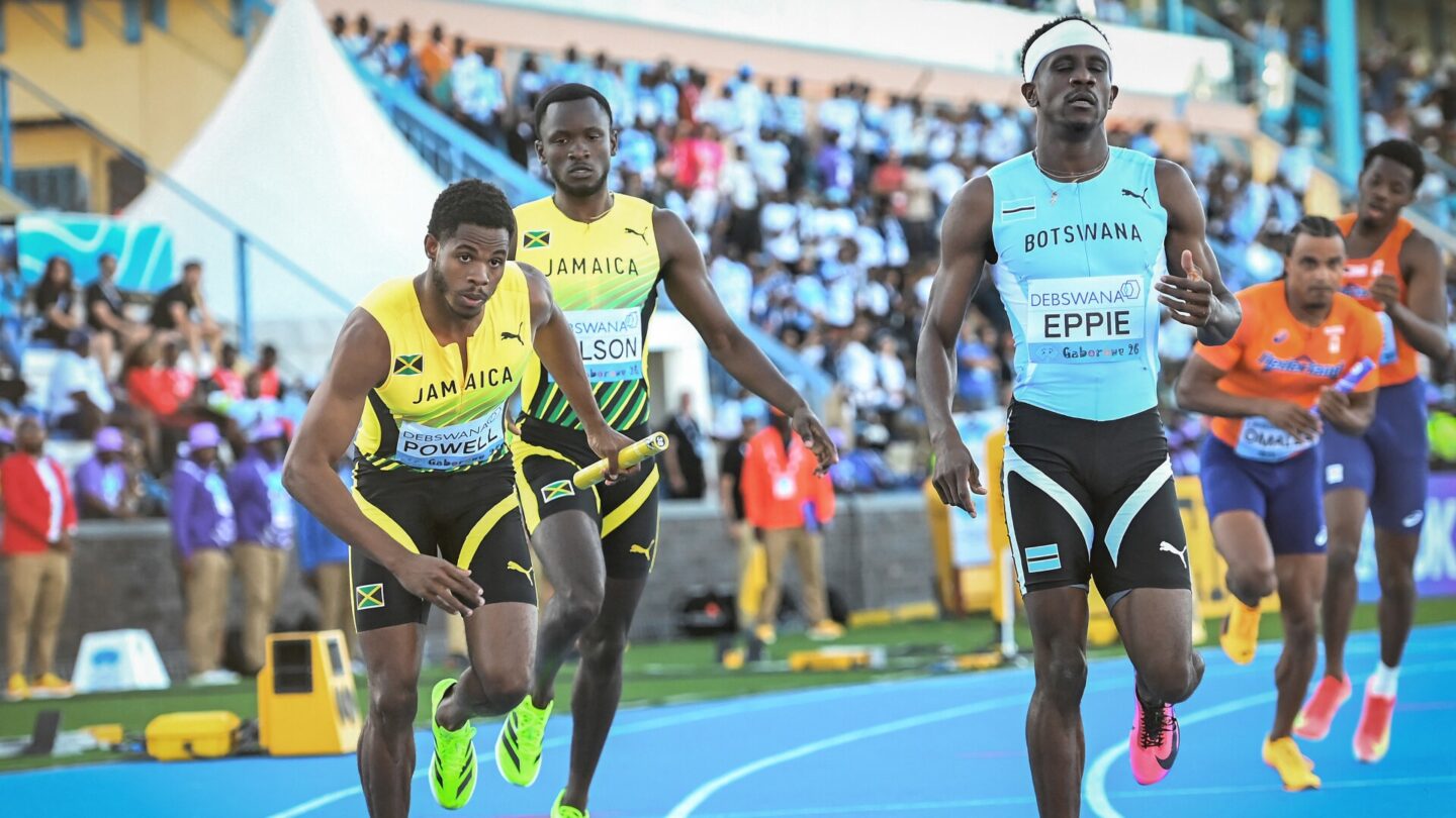 Athletes compete in the men's 4x400m relay qualifying round 1 during the Gaborone 26 World Athletics Relays at the National Stadium in Gaborone on May 2