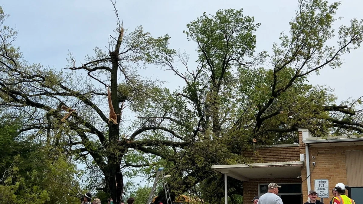 A tree fell on Middle Grove School on Monday, April 27, 2026, after severe storms rolled through the area.