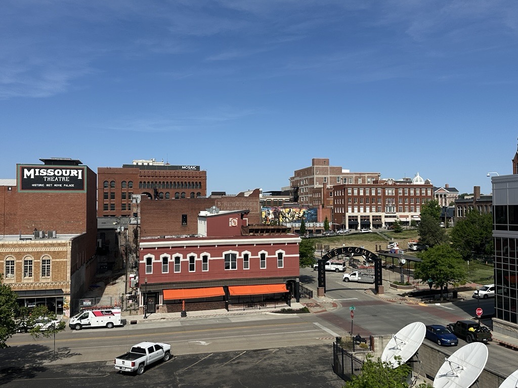 A rooftop view shows different buildings and structures in Downtown St. Joseph. 