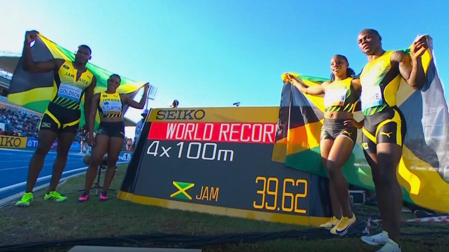<i>NBC Olympics</i><br/>Jamaica competes in the mixed 4x100 relay at the 2026 World Athletics Relays.