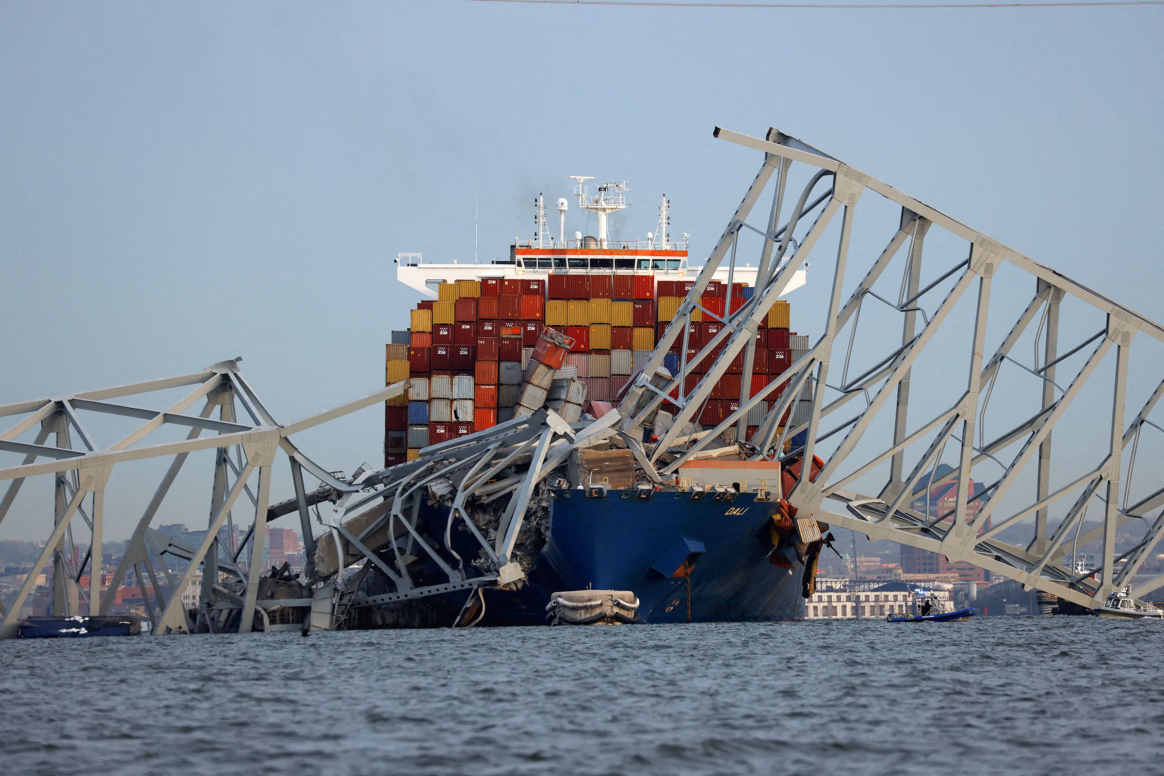 A view of the Dali cargo vessel which crashed into the Francis Scott Key Bridge causing it to collapse in Baltimore, Maryland, on March 26, 2024.