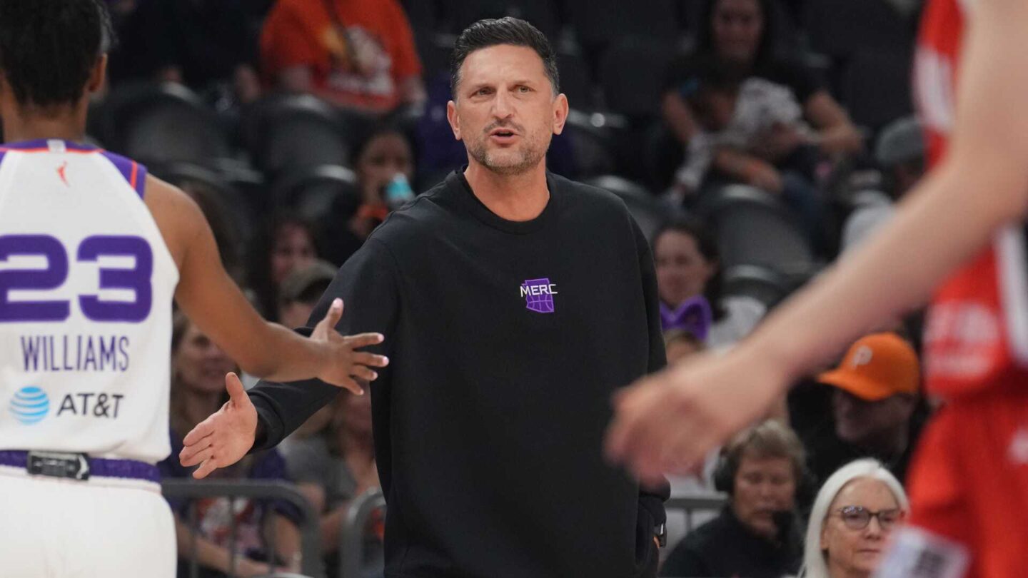 Phoenix Mercury head coach Nate Tibbetts talsk to his team as they take on Team Japan during their preseason game at Mortgage Matchup Center in Phoenix