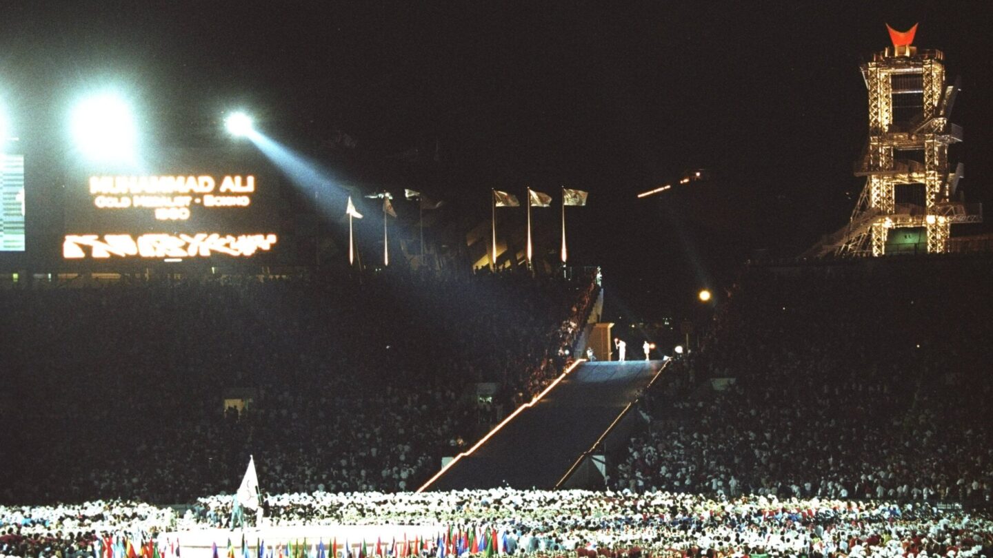 19 Jul 1996 - ATLANTA:  General view of the Oympic Stadium during the Opening Ceremony as Muhammad Ali of the USA lights the Olympic Flame to start the 1996 Centennial Olympic Games in Atlanta