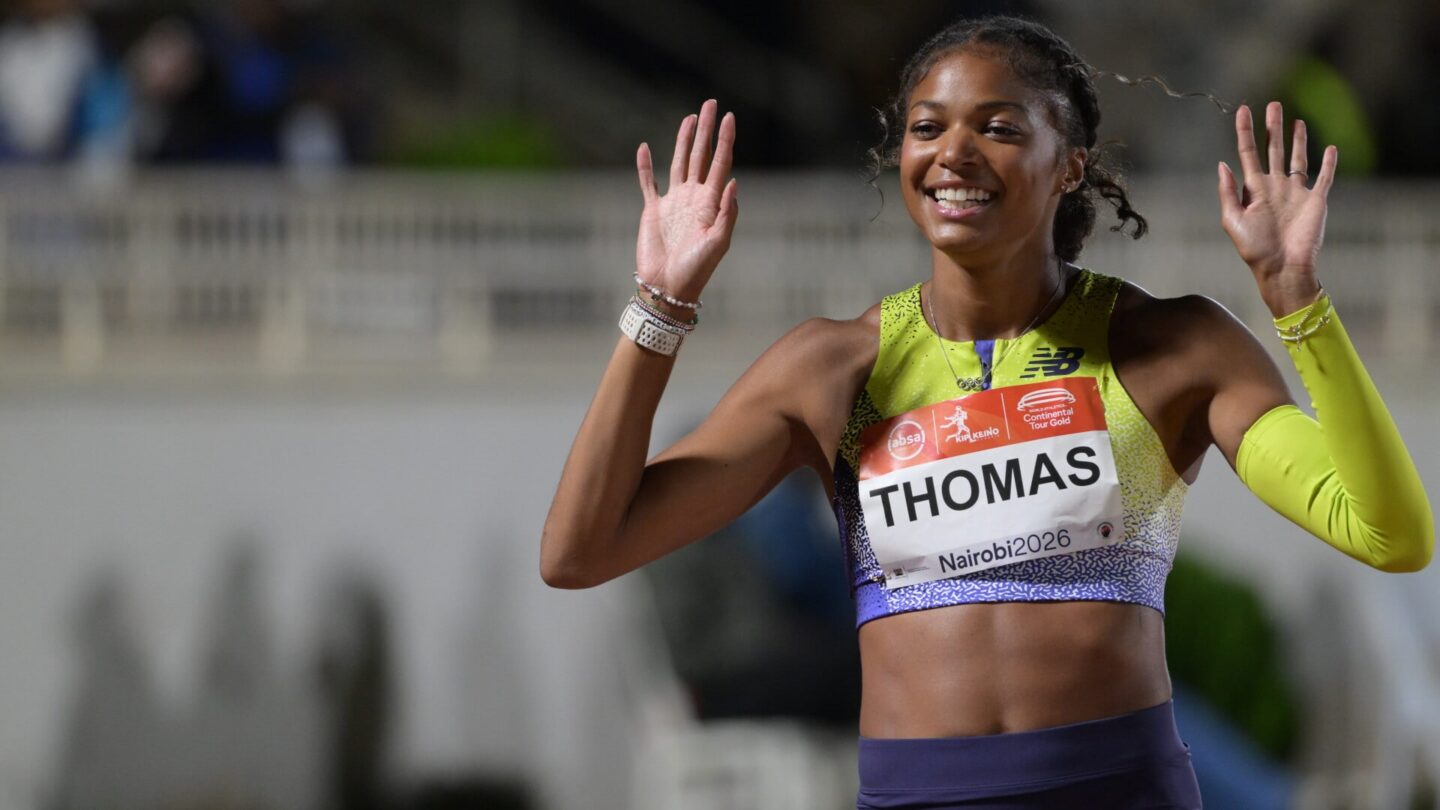 Gabrielle Thomas of the United States celebrates after winning the women's 200m final of the 7th Kip Keino Classic at Nyayo National Stadium in Nairobi