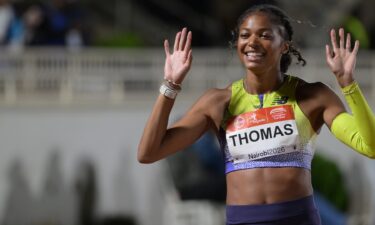 Gabrielle Thomas of the United States celebrates after winning the women's 200m final of the 7th Kip Keino Classic at Nyayo National Stadium in Nairobi