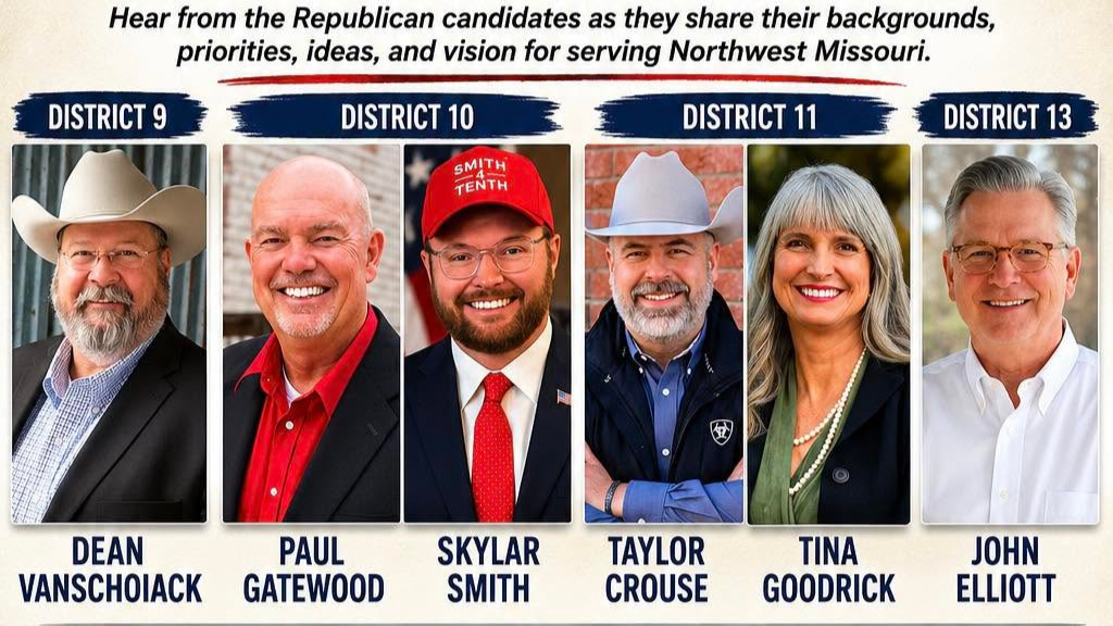 Republican candidates running for Missouri's House of Representatives (from right to left): District 9 incumbent Dean Van Schoiack, District 10 candidates Paul Gatewood and Skylar Smith, District 11 candidates Taylor Crouse and Tina Goodrick and District 13 candidate John Elliott.