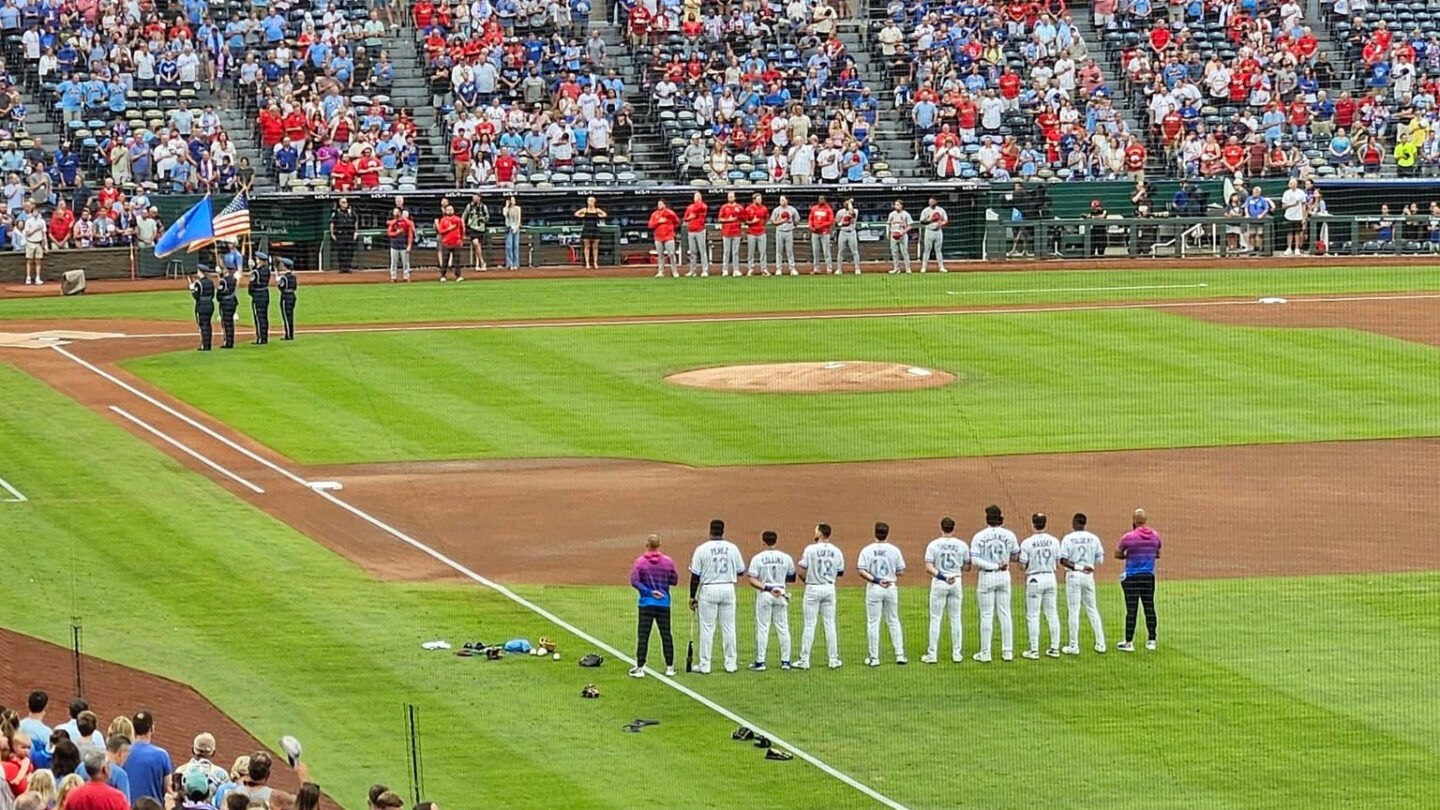 139th Airlift Wing members present colors on the field at Kauffman Stadium in Kansas City, Missouri. 