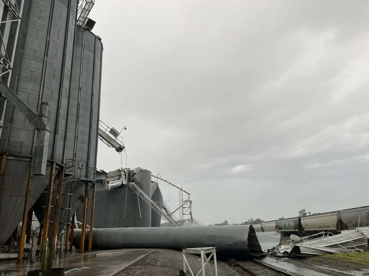 The Central Missouri Agriservice grain elevator in Slater was hit by a severe storm on Monday, April 27, 2026.