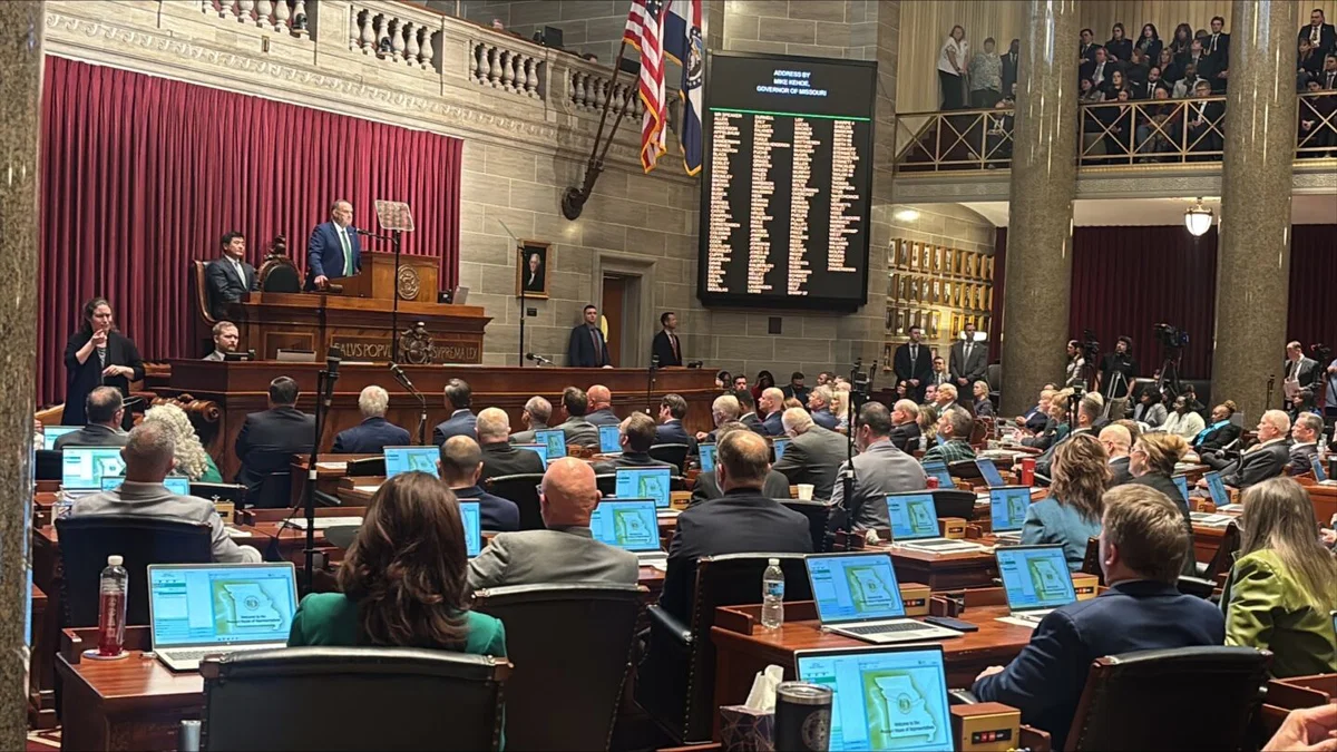 Republican Gov. Mike Kehoe delivers the annual state of the state address on Tuesday, Jan. 13, 2026, at the Missouri Capitol.
