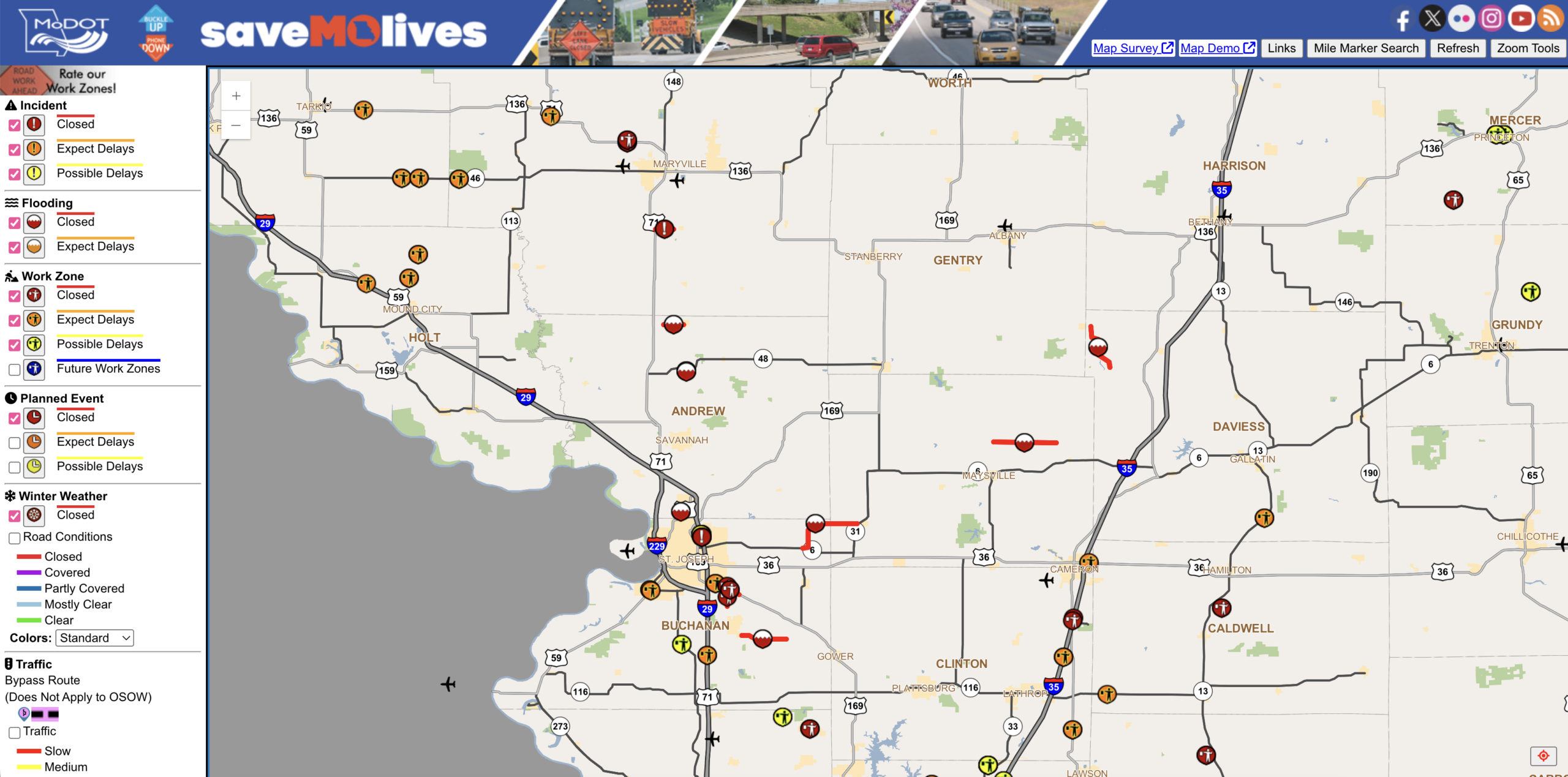 The red lines with the flooding logo show the different roads closed in Northwest Missouri due to flooding.
