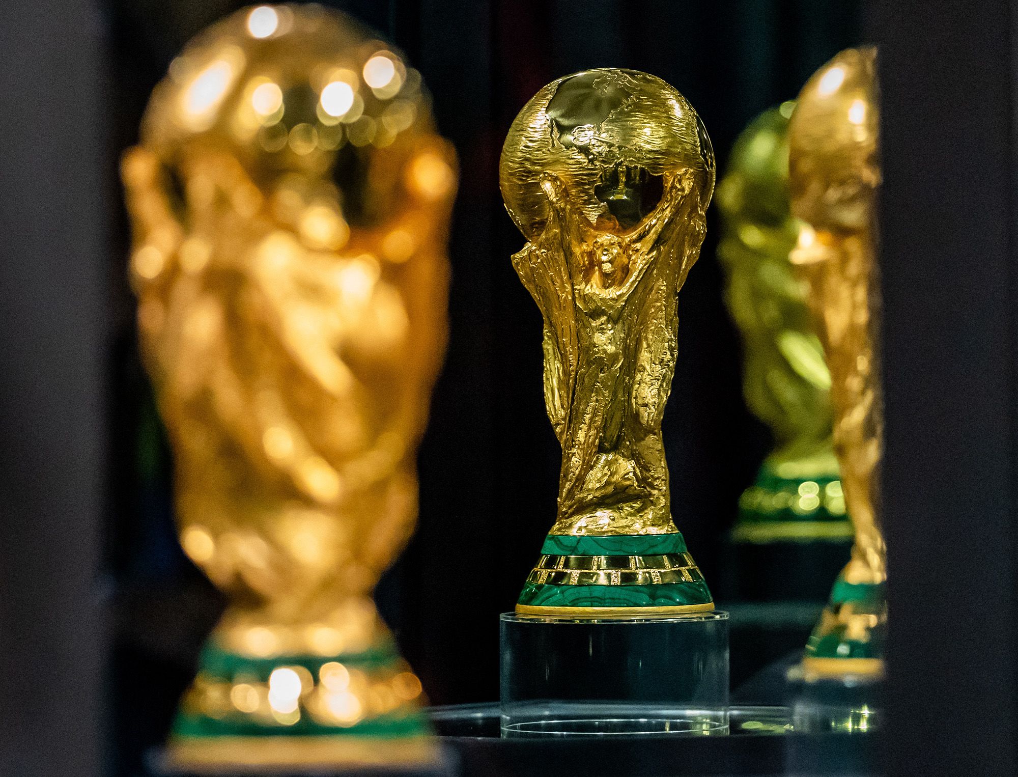 The FIFA World Cup is displayed during the FIFA World Cup Trophy Tour by Coca-Cola at Nathan Phillips Square in Toronto.