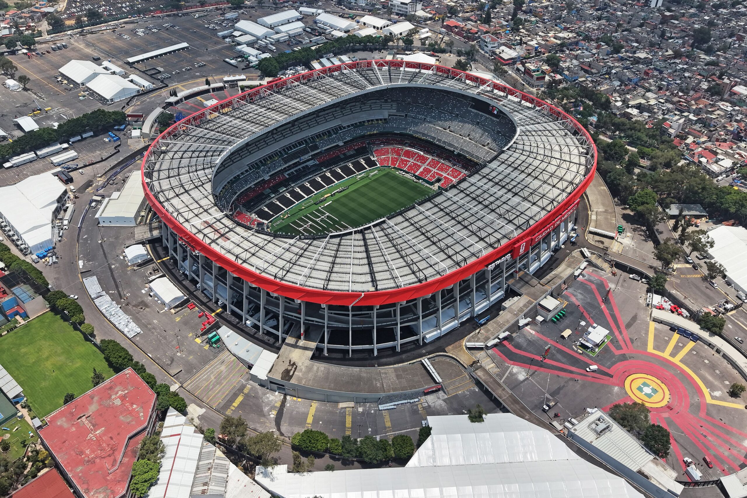 This aerial view shows the Mexico City Stadium, renamed from Azteca Stadium (or Banorte Stadium) for the FIFA World Cup, in Mexico City on May 28, 2026.